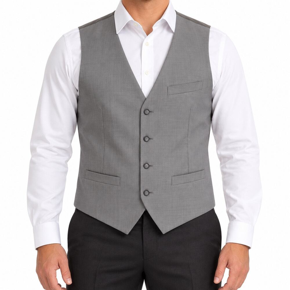 Perry Ellis Vest Mens Large Gray Polyester Suit Waistcoat Adjustable Back Formal